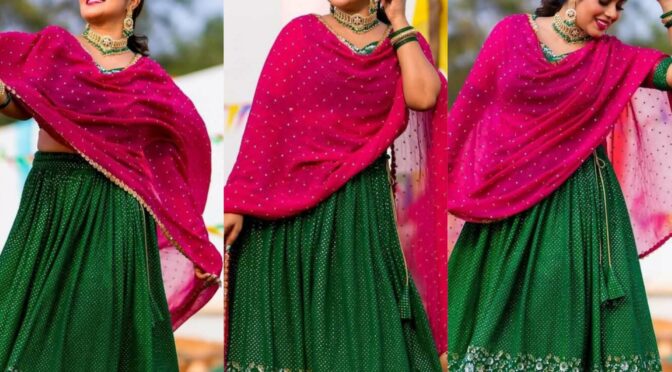 Purnaa in green and pink combination traditional half saree by Feathers boutique!