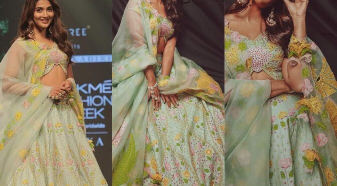 Pooja Hegde in a mint green lehenga set for Keerthi Kadire at Lakme fashion week 2022!