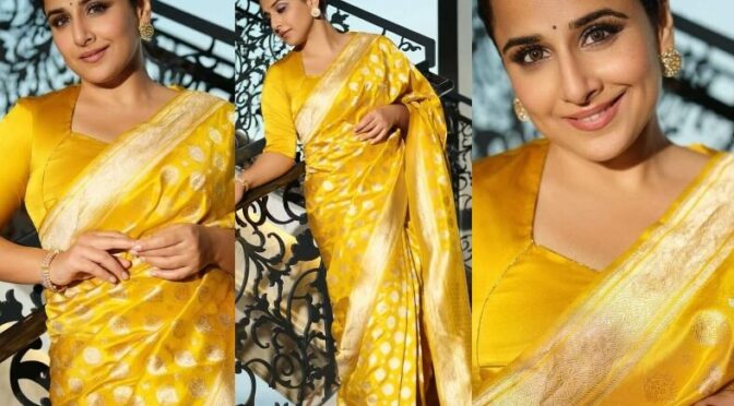 Vidya Balan in a yellow benarsi saree by Raw mango!