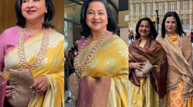 Radika sarathkumar in Yellow benarsi silk saree for an award event in London!