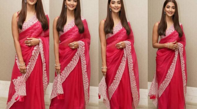Pooja Hegde stuns in a pink organza saree for Acharya promotions!