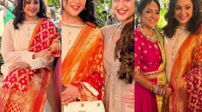 Actress meena in Ivory anarkali set for a summer wedding!