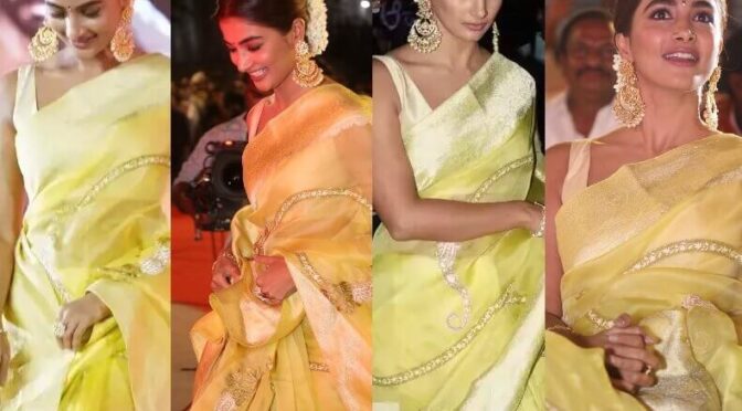 Pooja hegde in yellow organza saree at Acharya pre release event!