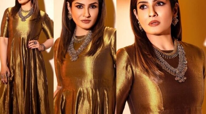 Raveena in Gold Anarkali dress by Rawmango for KGF2 Promotions!