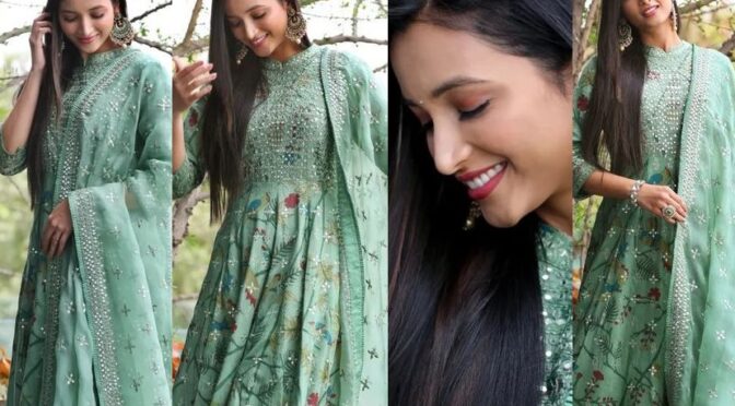 Srinidhi Shetty in Hand painted Anarkali set for promotions of K.G.F 2!
