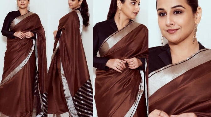 Vidya Balan stuns in brown chanderi silk saree for “Jalsa promotions”