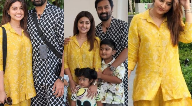Actress Sneha prasanna in yellow printed outfit by Geetu haute couture!