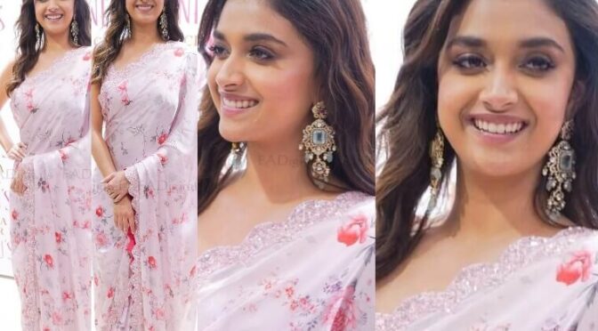 Keerthy Suresh stuns in light pink floral saree for shop opening event!