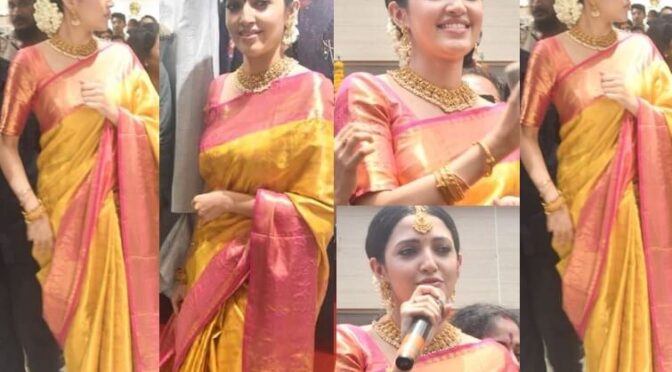 Neha Shetty in a yellow silk saree for a shop inauguration!