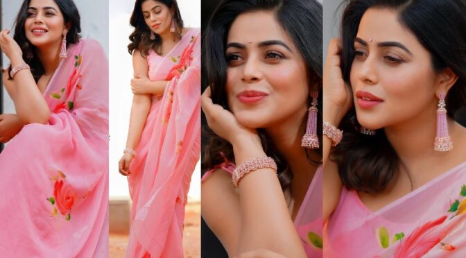 Purnaa looking beautiful in a pink floral print saree!