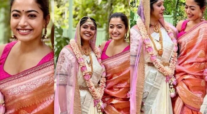 Rashmika Mandanna stuns in Pink silk saree at a Recent wedding!