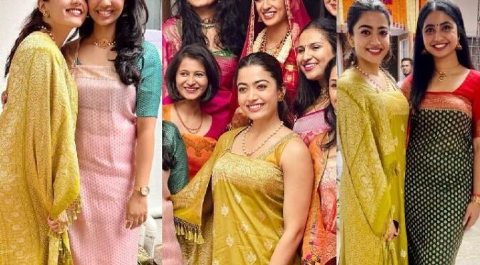 Rashmika in lime green benerasi silk saree for her BFF’s wedding!