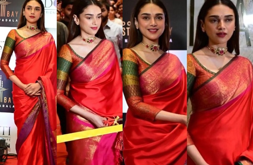 Aditi Rao Hydari in a red saree from the label Raw Mango! | Fashionworldhub