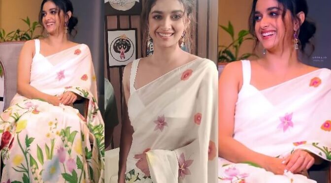 Keerthy Suresh looking beautiful in Ivory saree for “Vaashi” promotions!