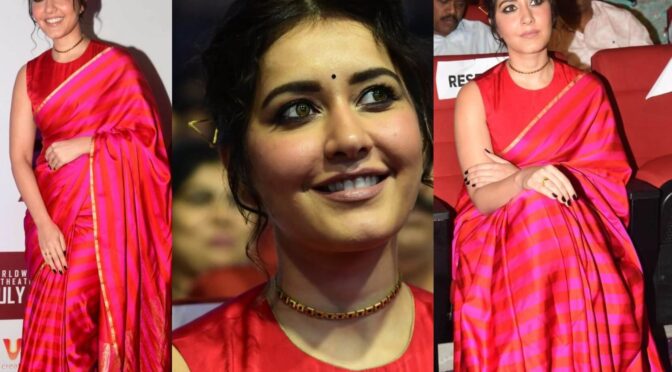 Raashii Khanna in a red striped saree for “Mega-Macho” event!