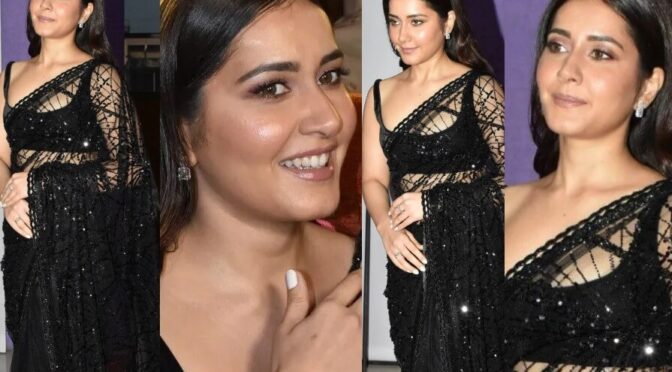 Raashii Khanna in a black sheer saree at “Pakka Commercial” trailer launch!