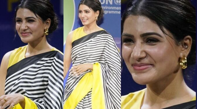 Samantha Prabhu in a striped saree at “Save the Soil” event !