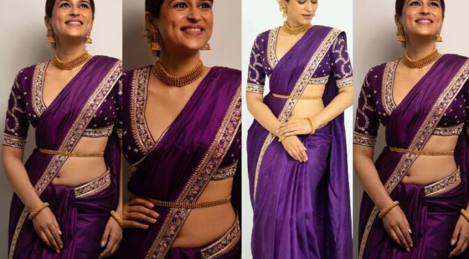 Shraddha Das in Purple silk saree by Kavitha gutta for “Dhee-14!”