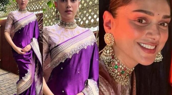 Aditi Rao Hydari stuns in a violet Banarasi silk saree for recent wedding!