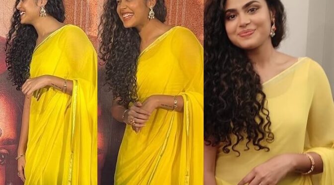 Faria Abdullah in a yellow saree at “Vallimayil” first look launch!