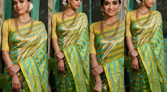 Keerthy Suresh in a striped silk saree for a recent wedding!