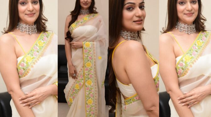Aditi Gautam in an ivory organza saree for Pakka commercial promotions!