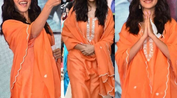Mrunal Thakur looks simple in an orange salwar suit at “Sita Ramam” trailer launch!