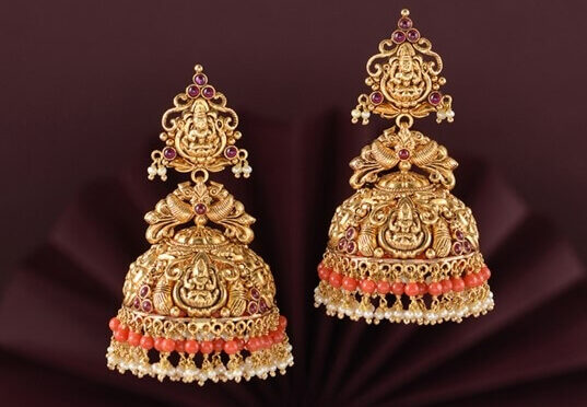 Gold Lakshmi Jhumkas with coral beads!