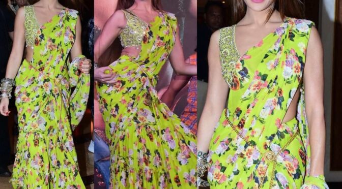 Jacqueline fernandez in floral ruffle saree at “Vikrant Rona” trailer launch!