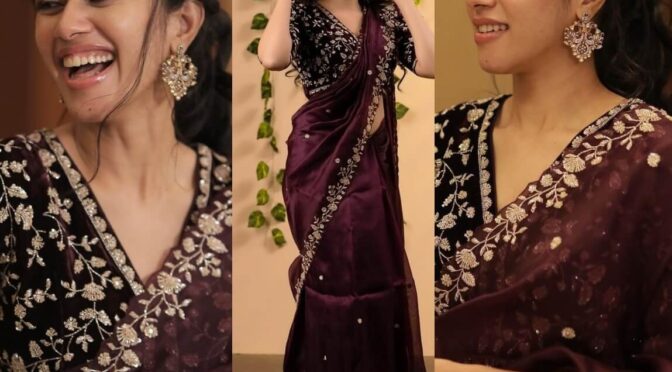 Mirnalini Ravi looks stunning in purple saree for a recent wedding!