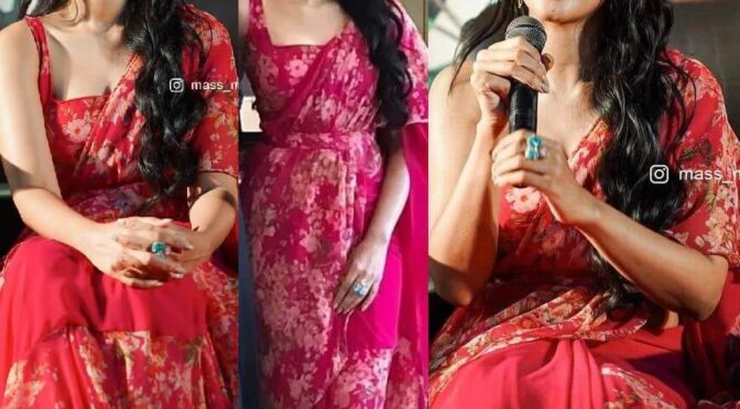 Mirnalini Ravi’s stuns in a red floral saree for “Cobra” promotions!