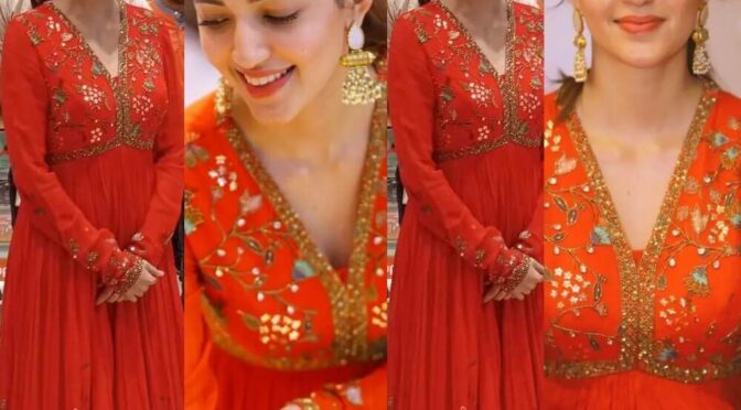 Neha Shetty stuns in an Orange anarkali suit for an inaugural function!