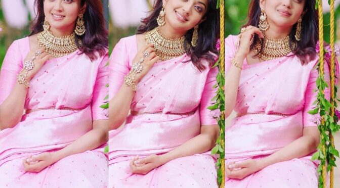 Pranitha Subash looks beautiful in pink silk saree for Varalakshmi vratham pooja!