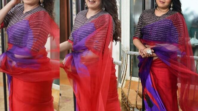 Ramya Krishnan in dual shaded saree for ” Liger” promotions!