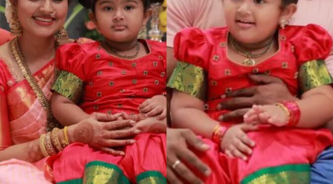 Sneha Prasanna’s daughter Aadhyantaa in traditional Red pattu pavadai