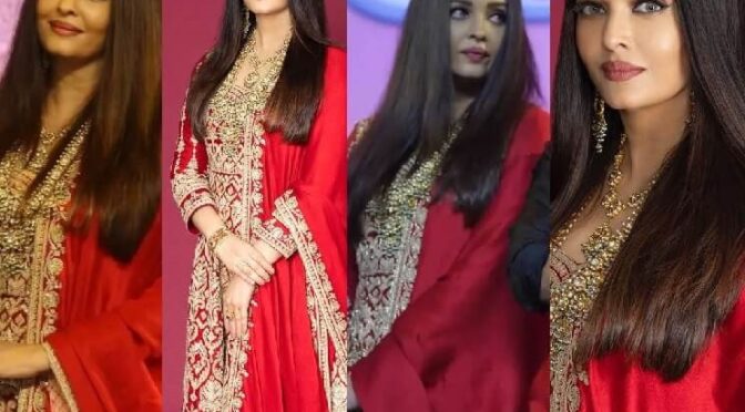 Aishwarya rai stuns in a Red Anarkali suit for promotions of Ponniyin Selvan I.