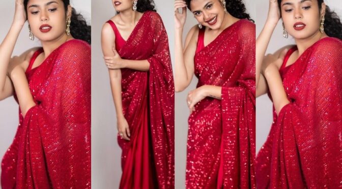 Faria Abdullah stuns in a Red saree for Ravanasura promotions