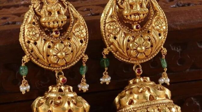 Gold Chandbali lakshmi Jhumkhas