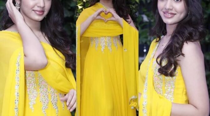 Krithi Shetty in a yellow Anarkali suit for thanks meet for Aa Ammayi Gurinchi Meeku Chepali”