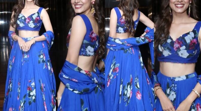 Actress Asha bhat attended Ori Devuda Movie Trailer Launch Event in blue floral lehenga!