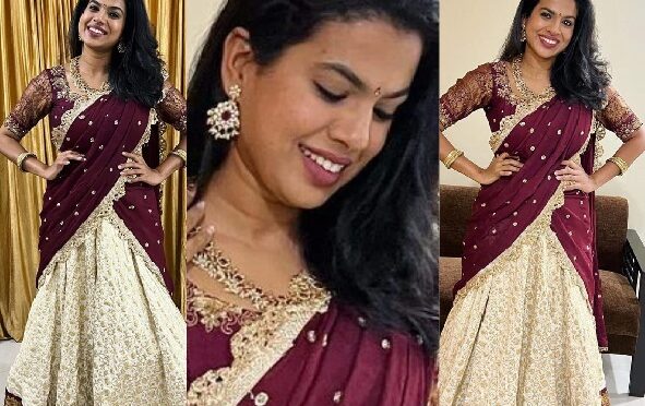 Sravana Bhargavi in Traditional half saree by Kowshiki Couture!