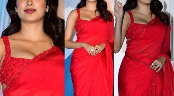 Janhvi Kapoor’s in a red saree by Manish malhotra for “Mili” trailer launch!