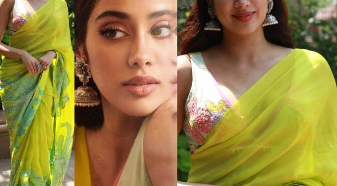 Janhvi Kapoor in a Neon green saree for “Mili” promotions!