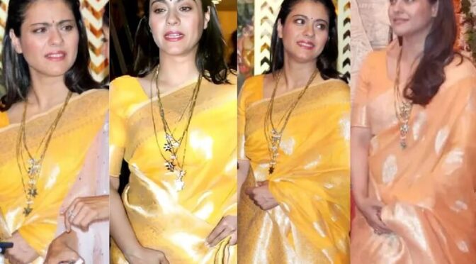 Kajol Devgan in a yellow chanderi silk saree for durga pooja 2022!