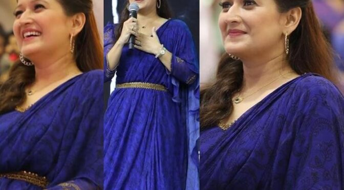 Laila in a printed blue ruffle saree for “Sardar” trailer launch!
