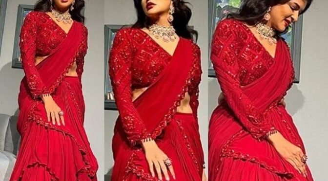 Lakshmi Manchu looking stunning in a red ruffle saree!