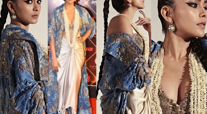 Mrunal thakur in Anamika Khanna draped skirt cape set at Lokmat Stylish Awards’22!