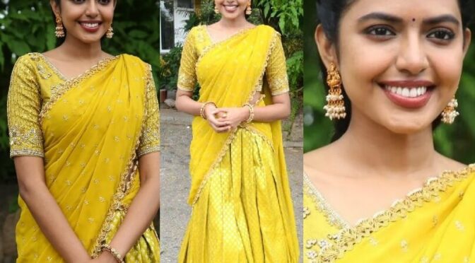 Shivani Rajashekar in a yellow half saree for “Jilebi” movie launch event!