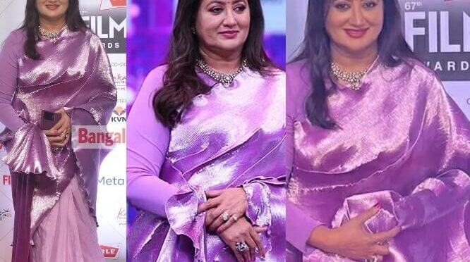 Sumalatha in a lavender saree for 67th film fare south 2022 awards event!