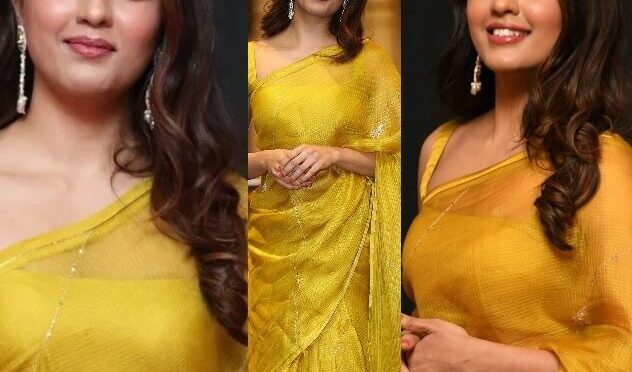 Amritha Aiyer in a yellow organza saree for “Hanuman” teaser launch event!
